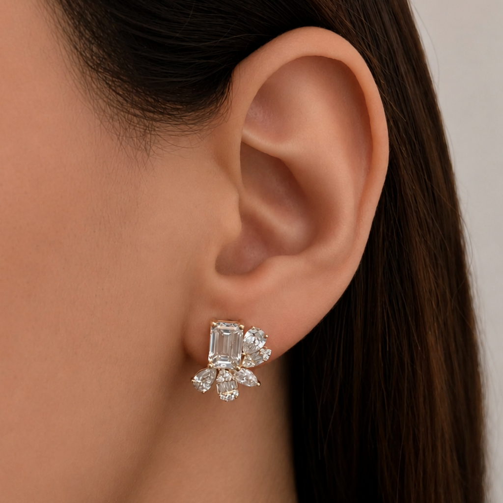 Lab Emerald Cut & Mix Shape Cluster Earrings