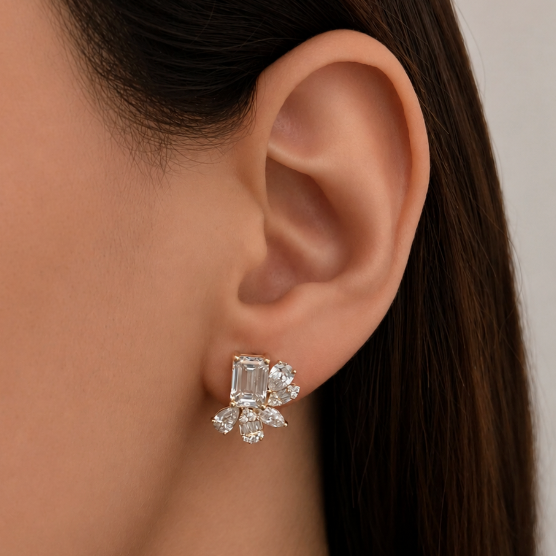 Lab Emerald Cut & Mix Shape Cluster Earrings
